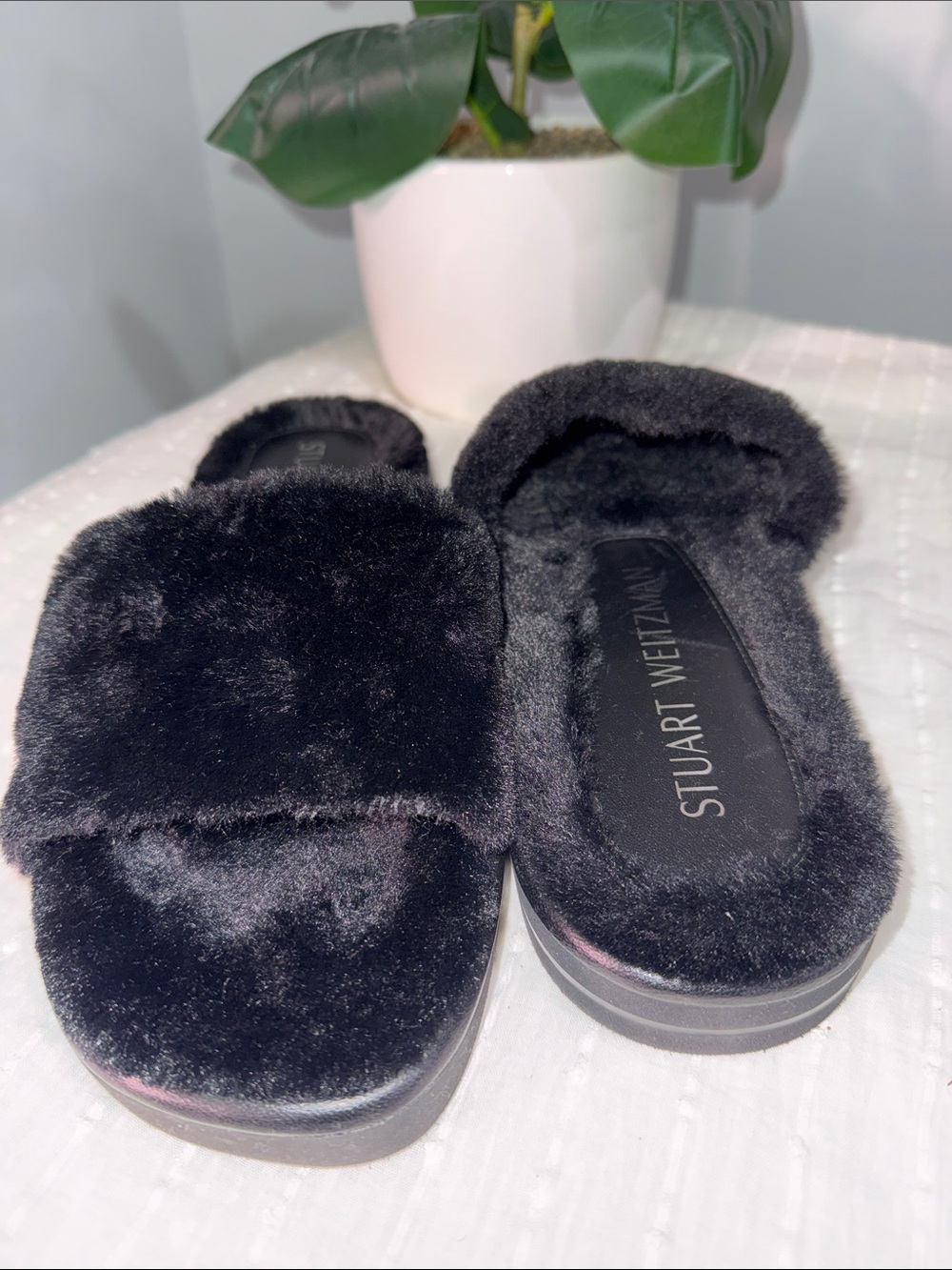 Stuart Weitzman Black Plush Fur Slide Slippers